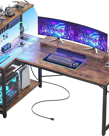 Homieasy Small Gaming Desk with Power Outlets Pegboard LED Light, 51 Inch L Shaped Computer Desk with Monitor Stand Storage Shelves, Reversible Corner Desk with Headset Hooks, Rustic Brown - LeafyLoom