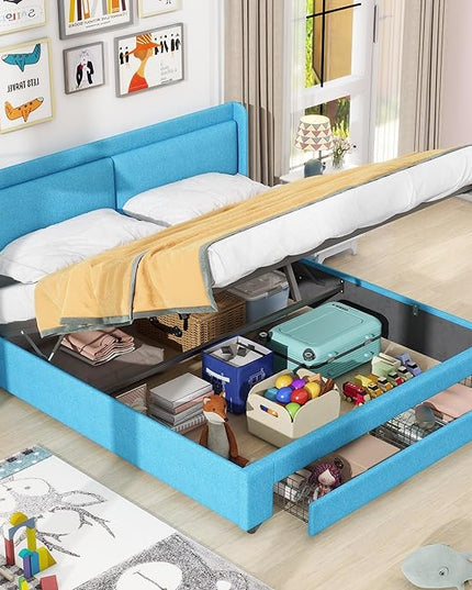 Queen Size Lift Up Storage Bed Platform Bed with 2 Drawers,Upholstered Platform Bed with Headboard and Wood Slats Support, Queen Size Bedframe with Hydraulic Storage System, Easy Assembly - LeafyLoom