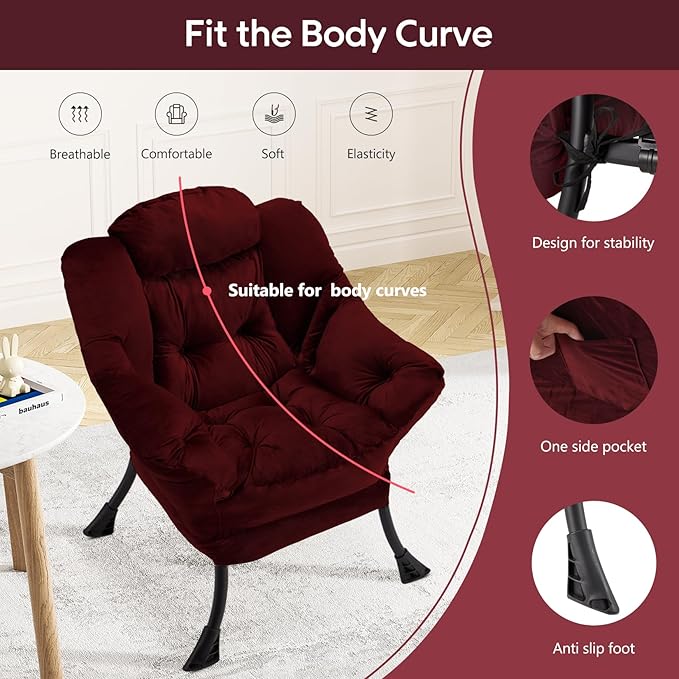 Fabric Lazy Chair Large Accent Chair,Velvet Frabic Modern Lounge Reading Chair with Armrests & Side Pocket,Upholstered Armchair for Living Room,Bedroom,Dorm,Dusty Rose - LeafyLoom