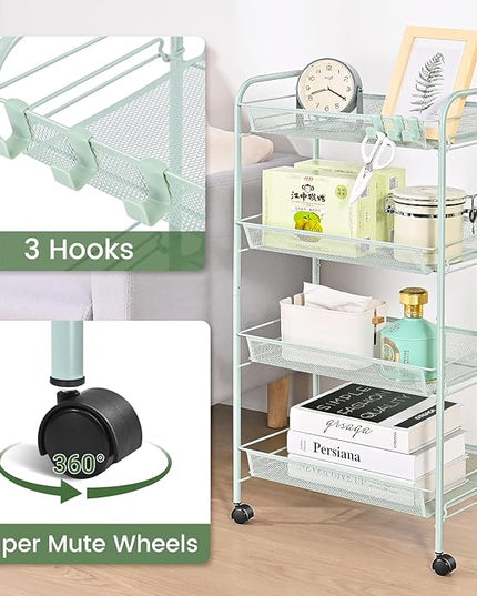 TOOLF 4-Tier Rolling Cart, Metal Utility Cart with 3 Hooks, Easy Assemble Mobile Storage Trolley On Wheels, Metal Shelving Units Kitchen Bathroom Laundry Room - LeafyLoom