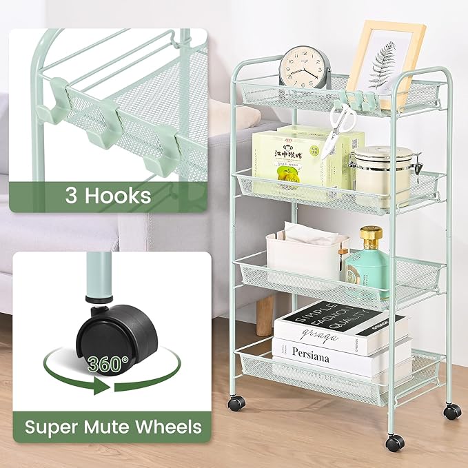 TOOLF 4-Tier Rolling Cart, Metal Utility Cart with 3 Hooks, Easy Assemble Mobile Storage Trolley On Wheels, Metal Shelving Units Kitchen Bathroom Laundry Room - LeafyLoom