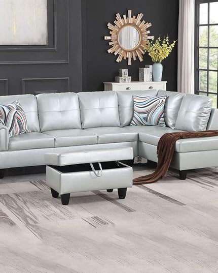 3-Piece L-Shaped Sectional Couches Lounge & Storage, 97.5'' Linen Modular Living Room Home Office, 3pcs 97'' Sofa+66.5'' Chaise+28.5'' Ottoman(Right), Silver Green Faux Leather - LeafyLoom