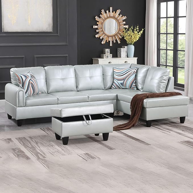 3-Piece L-Shaped Sectional Couches Lounge & Storage, 97.5'' Linen Modular Living Room Home Office, 3pcs 97'' Sofa+66.5'' Chaise+28.5'' Ottoman(Right), Silver Green Faux Leather - LeafyLoom