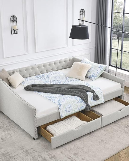 Queen Size Upholstered Daybed with Two Storage Trundle Drawers, Wooden Sofa Bed w/Button Tufted Backrest and Waved Shape Arms, No Box Spring Needed, for Living Room, Bedroom, Dorm, Beige - LeafyLoom