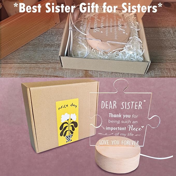 Sister Gifts | Gifts for Sister from Sister | Sister Birthday Gift Ideas | Sister Birthday Gift Ideas | Mothers Day Gifts for Sister | Wooden Puzzle Acrylic Night Light for Home Decor. - LeafyLoom