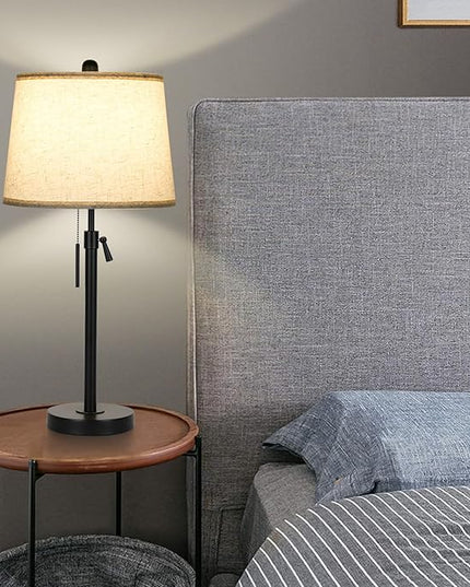 Table Lamps for Living Room Set of 2, Modern Bedside Lamps for Bedroom Height Adjustable Desk Lamp Dimmable Black Nightstand Lamps with Beige Lampshade, Pull Chain Table Lamp for Office Restaurant - LeafyLoom