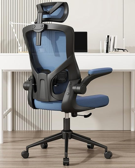 𝑯𝑶𝑴𝑬 𝑶𝑭𝑭𝑰𝑪𝑬 𝑪𝑯𝑨𝑰𝑹, Ergonomic Mesh Desk Chair, High Back Computer Chair- Adjustable Headrest with Flip-Up Arms, Lumbar Support, Swivel Executive Task Chair (Portimao Blue, Modern) - LeafyLoom