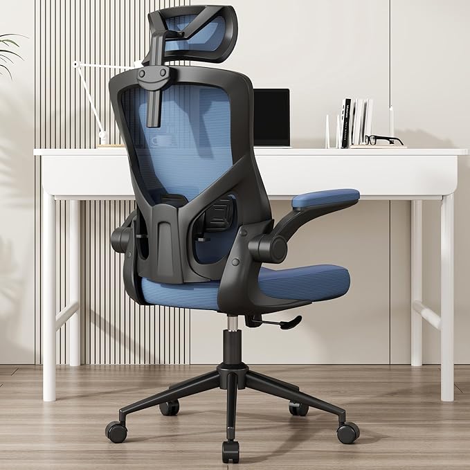 𝑯𝑶𝑴𝑬 𝑶𝑭𝑭𝑰𝑪𝑬 𝑪𝑯𝑨𝑰𝑹, Ergonomic Mesh Desk Chair, High Back Computer Chair- Adjustable Headrest with Flip-Up Arms, Lumbar Support, Swivel Executive Task Chair (Portimao Blue, Modern) - LeafyLoom
