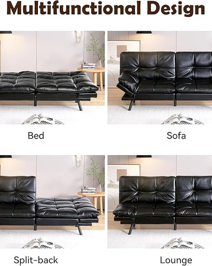 Futon Sofa Bed, Memory Foam Futon Sleeper Sofa Loveseat Convertible Couch Bed for Small Compact Living Spaces,Apartment,Black Leather - LeafyLoom