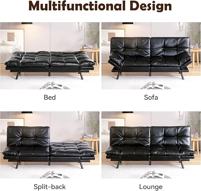 Futon Sofa Bed, Memory Foam Futon Sleeper Sofa Loveseat Convertible Couch Bed for Small Compact Living Spaces,Apartment,Black Leather - LeafyLoom