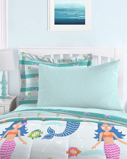dream FACTORY Kids 5-Piece Complete Set Easy-Wash Super Soft Microfiber Comforter Bedding, Twin, Light Blue Mermaid Dreams - LeafyLoom