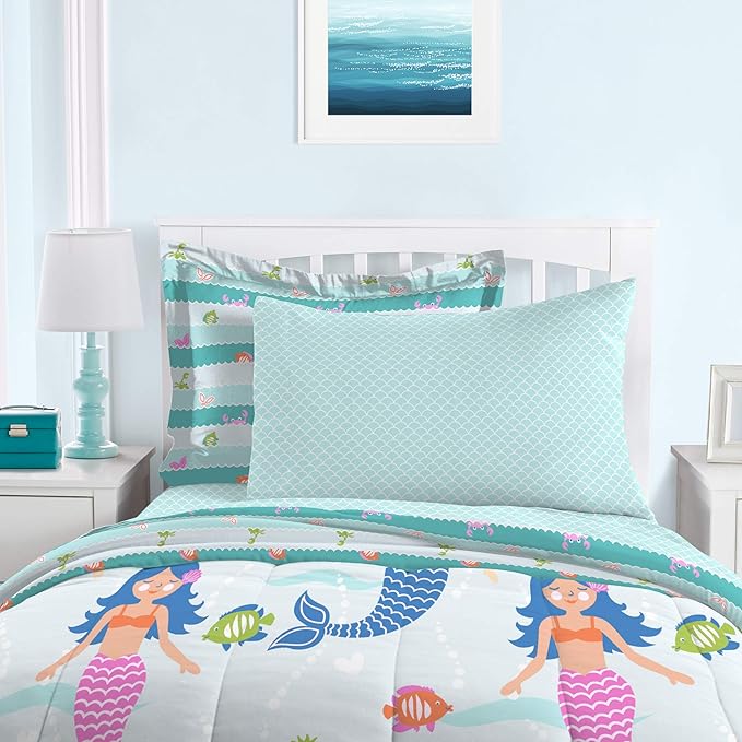 dream FACTORY Kids 5-Piece Complete Set Easy-Wash Super Soft Microfiber Comforter Bedding, Twin, Light Blue Mermaid Dreams - LeafyLoom