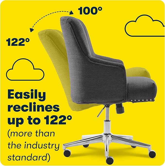 Serta Leighton Modern Office Chair, Stylish Mid-Back Desk Chair, Rivet Detail, Serta Quality Memory Foam, Armchair with Wheels, Vanity Chair, Swivel Chrome Metal Base, Twill Fabric, Dark Gray - LeafyLoom