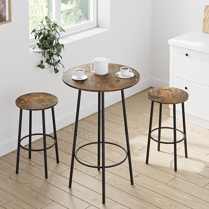 3 Piece Bar Table Set, Round Bar Table and Chairs Set of 2, Pub Dining Table Set Counter Height, Bar Stool Table for Breakfast Nook, Dinning Room, Living Room, Rustic Brown(23.6") - LeafyLoom