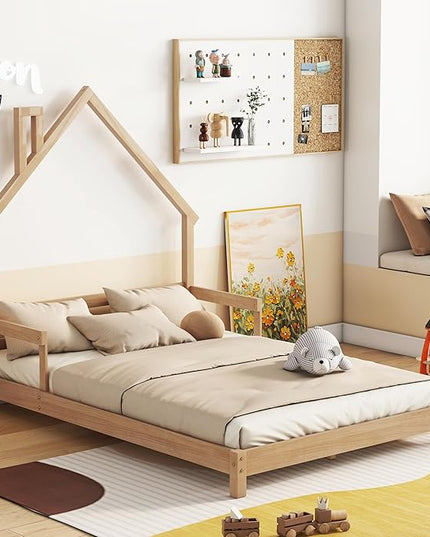 Full Size Bed Frame for Kids,House-Shaped Headboard Kids Bed,Girls Bed with Handrails,Low Platform Bed for Boys Girls,No Box Spring Needed(Natural) - LeafyLoom