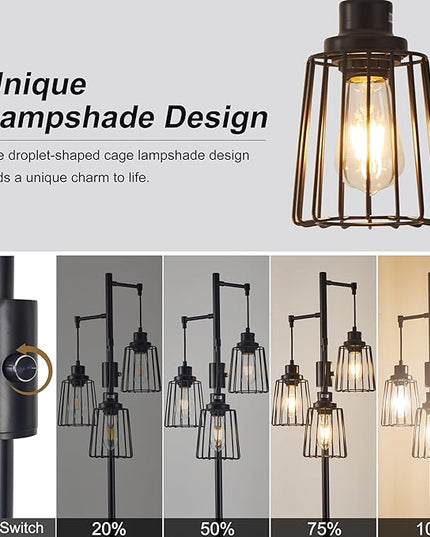 Dimmable Floor Lamp, Farmhouse Industrial Floor Lamp for Living Room, Standing Tree Floor Lamp with 3 Elegant Teardrop Cage Head, Bright Floor Lamp for Bedroom Office(Black) - LeafyLoom