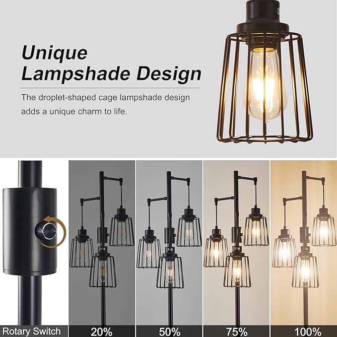 Dimmable Floor Lamp, Farmhouse Industrial Floor Lamp for Living Room, Standing Tree Floor Lamp with 3 Elegant Teardrop Cage Head, Bright Floor Lamp for Bedroom Office(Black) - LeafyLoom