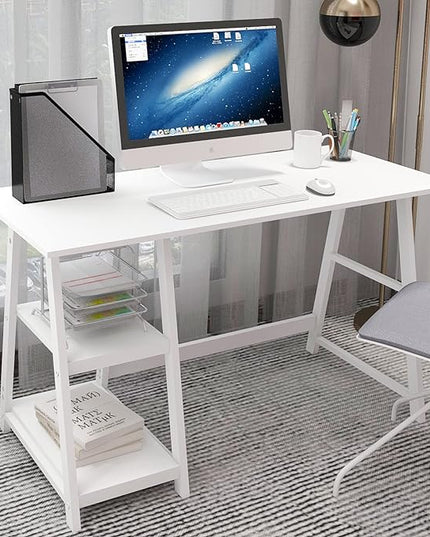 Natwind 47" White Desk with 2-Tier Storage Shelves,Home Office Computer Desk, Study Table for Kids Student Girls,Writing Desk,Modern Simple Basic Desk Workstation for Bedroom Home Office - LeafyLoom