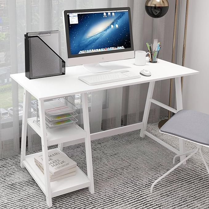 Natwind 47" White Desk with 2-Tier Storage Shelves,Home Office Computer Desk, Study Table for Kids Student Girls,Writing Desk,Modern Simple Basic Desk Workstation for Bedroom Home Office - LeafyLoom