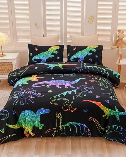 Meeting Story Dinosaur Comforter Set, Fluorescence Gradation Dinosaur Twin Comforter Set, 3 PCS 1 Comforter and 2 Pillowcases in One Bag, All Season Bedspread for Kids Teens Adults（Twin） - LeafyLoom