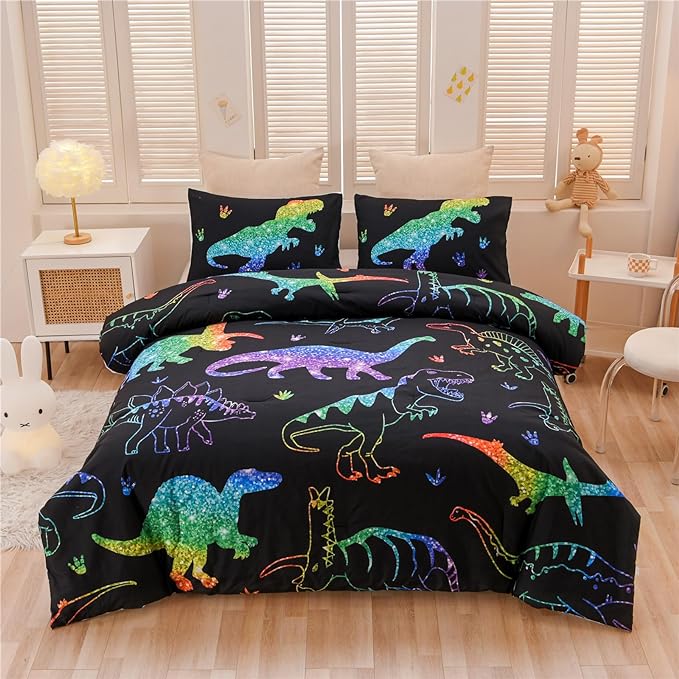 Meeting Story Dinosaur Comforter Set, Fluorescence Gradation Dinosaur Twin Comforter Set, 3 PCS 1 Comforter and 2 Pillowcases in One Bag, All Season Bedspread for Kids Teens Adults（Twin） - LeafyLoom