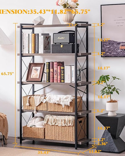 HCHQHS Bookshelf, 5-Tier Industrial Bookcase, Rustic Open Book Shelf, Freestanding Tall Bookshelves with Metal Frame - LeafyLoom