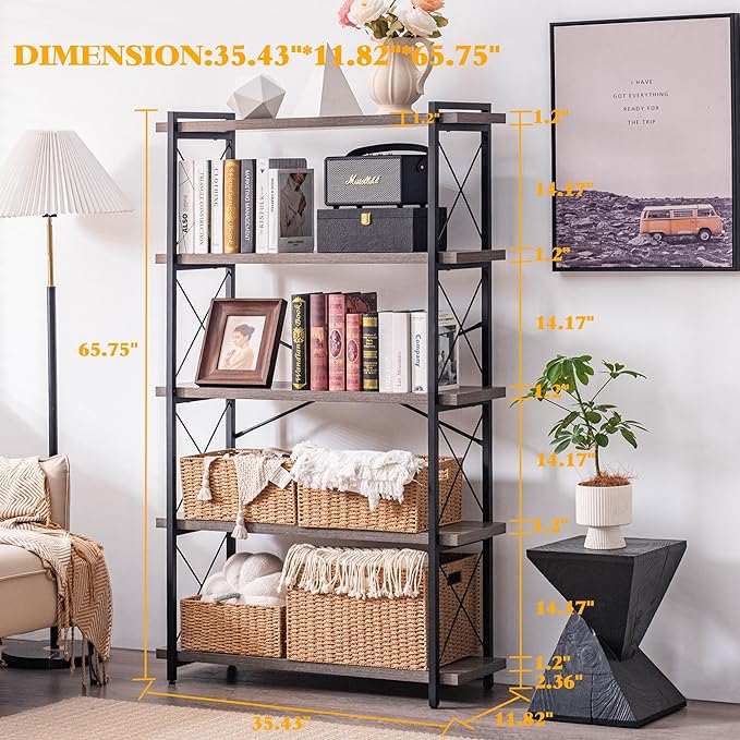 HCHQHS Bookshelf, 5-Tier Industrial Bookcase, Rustic Open Book Shelf, Freestanding Tall Bookshelves with Metal Frame - LeafyLoom