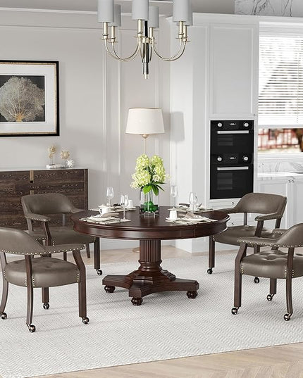 Dining Chairs with Casters and Arms, Accent Kitchen Table Chairs with Wheels, Roller Poker Table Chairs, Wooden Captains Chair, Espresso Legs & Dark Brown SY-318-DK - LeafyLoom