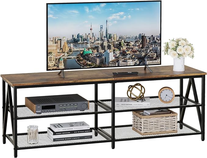 TV Stand for TV up to 65 Inch, Long 55" TV Cabinet with 3-Tier Storage Shelves,Entertainment Center TV Console Table for Living Room with Industrial TV Metal Frame, Rustic Brown - LeafyLoom