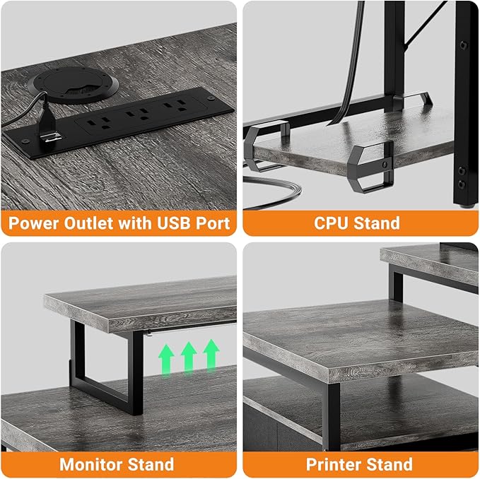 Unikito 70.8" Reversible L Shaped Computer Desk with Fabric File Drawers, Corner Desk with RGB LED Lights & Power Outlets & Monitor Stand, Large Gaming Desk for Home Office Workstation, Black Oak - LeafyLoom
