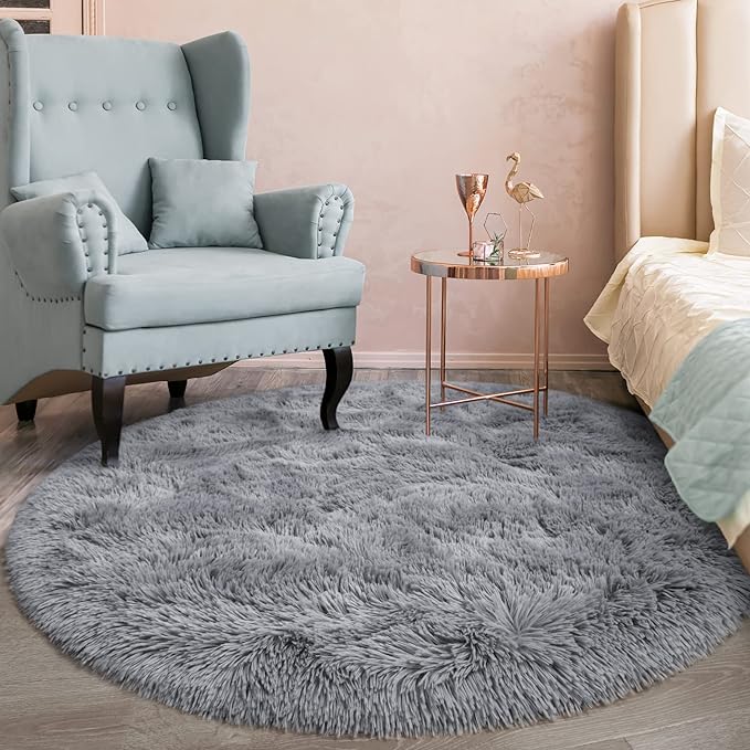 Grey Round Rug for Bedroom, Super Fluffy Circle Rugs for Baby Nursery, 4'X4' Feet Furry Carpet for Children Kids Room, Cute Soft Shaggy Rug for Girls Home Decor, Fuzzy Plush Carpets for Dorm - LeafyLoom