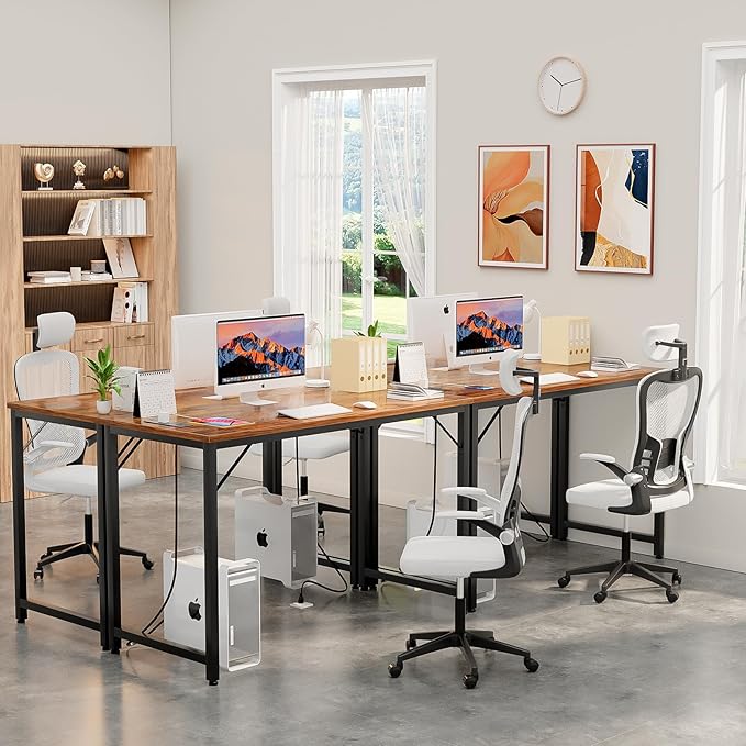 47 Inch Computer Desk with Magic Power Outlets, Modern Office Desk with USB Charging Ports, Sturdy Writing Table, Simple Laptop PC Gaming Desk for Bedroom Workstation, Rustic Brown, 2 Pack - LeafyLoom