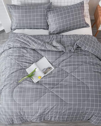 Andency Grey Grid Comforter Set Queen Size (90x90 inch), 3 Pieces (1 Grey Comforter and 2 Pillowcases), Summer Lightweight Microfiber Down Alternative Bedding Comforter Sets with White Lines - LeafyLoom
