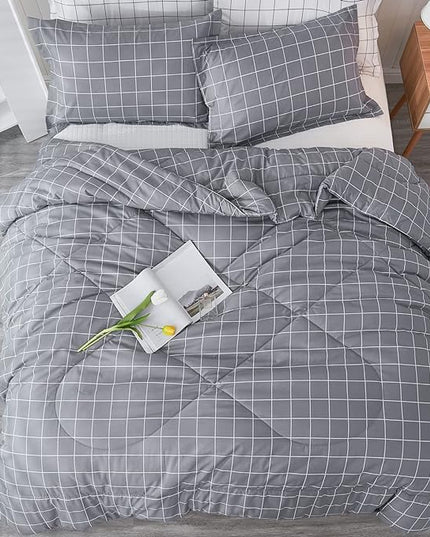 Andency Grey Grid Comforter Twin Size(66x90 inch), 2 Pieces (1 Comforter and 1 Pillowcase), Summer Lightweight Microfiber Down Alternative Bedding Comforter Sets with White Lines for Kids Boys Girls - LeafyLoom
