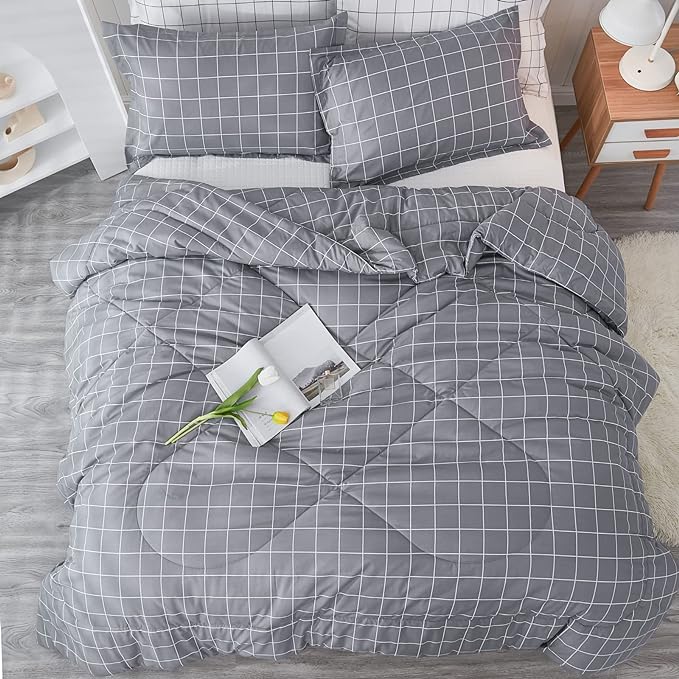 Andency Grey Grid Comforter Twin Size(66x90 inch), 2 Pieces (1 Comforter and 1 Pillowcase), Summer Lightweight Microfiber Down Alternative Bedding Comforter Sets with White Lines for Kids Boys Girls - LeafyLoom