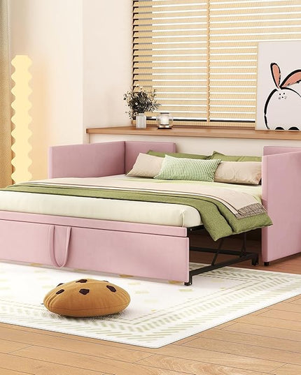 Bellemave Twin Size Upholstered Daybed with Pop up Trundle,Velvet Twin Daybed Frame,Twin to King Daybed,Day bed with Trundle Bed Twin,Tufted Sofa Bed Daybed,Bedroom,Living Room,Guest Room(Pink) - LeafyLoom