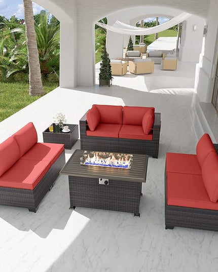 Patio Furniture Set with Fire Pit Table 8 PCS Outdoor Sectional Furniture Outdoor Rattan Patio Conversation Sets with 43in 55,000 BTU Propane Gas Fire Pit Table Glass Table, Red - LeafyLoom