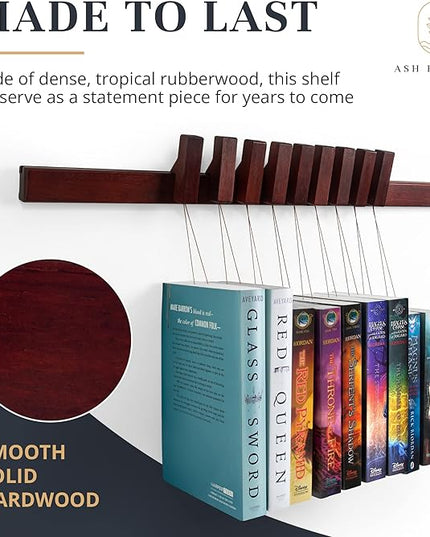 Floating Wall Bookshelf - Wall Mounted Book Organizer with Included Bookmarks - Hardwood Hanging Bookshelf for Bedroom, Living Room, or Kitchen - A Thoughtful Gift for Book Lovers (Dark) - LeafyLoom