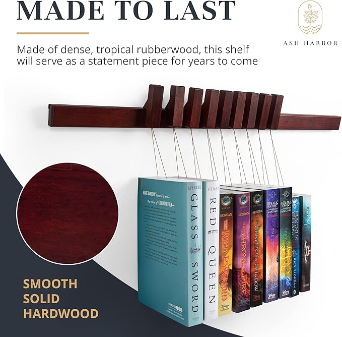 Floating Wall Bookshelf - Wall Mounted Book Organizer with Included Bookmarks - Hardwood Hanging Bookshelf for Bedroom, Living Room, or Kitchen - A Thoughtful Gift for Book Lovers (Dark) - LeafyLoom