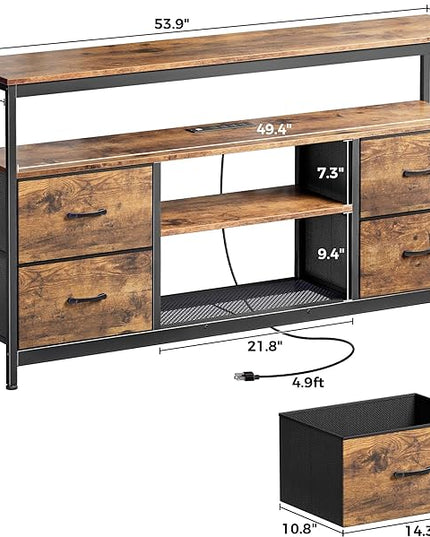 TV Stand Dresser with Power Outlets and LED Lights, 4 Drawers Entertainment Center with Shelves, 54 Inch Media Console for 55 60 Inch TV, 4 AC Outlets, 2 USBs, Rustic Brown - LeafyLoom