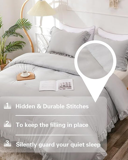 Gray Double Ruffle Comforter Set Twin Size (66x90 Inch), 2 Pcs Grey Farmhouse Vintage Comforter Set (1 Ruffled Comforter and 1 Pillowcase), Rustic All Season Down Alternative Bedding Set - LeafyLoom