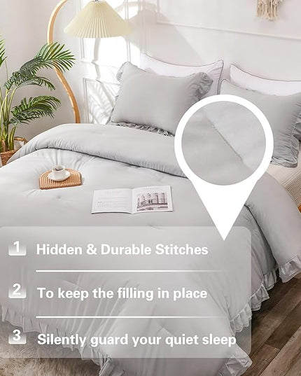 Gray Double Ruffle Comforter Set King Size (104x90 Inch), 3 Pcs Grey Farmhouse Vintage Comforter Set (1 Ruffled Comforter and 2 Pillowcase), Rustic All Season Down Alternative Bedding Set - LeafyLoom
