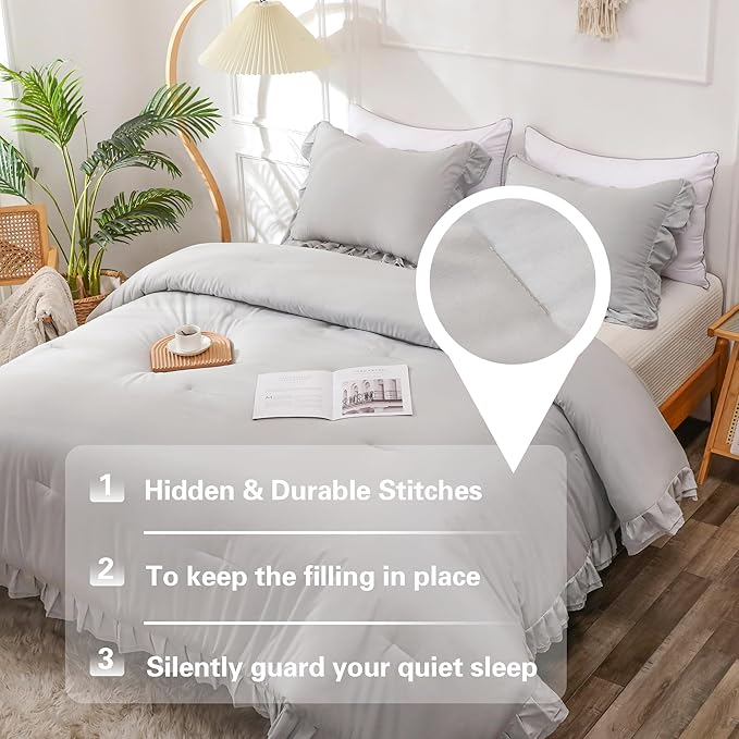 Gray Double Ruffle Comforter Set King Size (104x90 Inch), 3 Pcs Grey Farmhouse Vintage Comforter Set (1 Ruffled Comforter and 2 Pillowcase), Rustic All Season Down Alternative Bedding Set - LeafyLoom