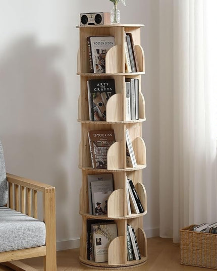 Rotating Bookshelf Tower, 5 Tier 360 Display Spinning Bookshelf, Solid Wood Narrow Book Shelf Organizer for Kid Adult, Corner Floor Standing Bookcase for Bedroom, Living Room, Study Room, Small Space - LeafyLoom