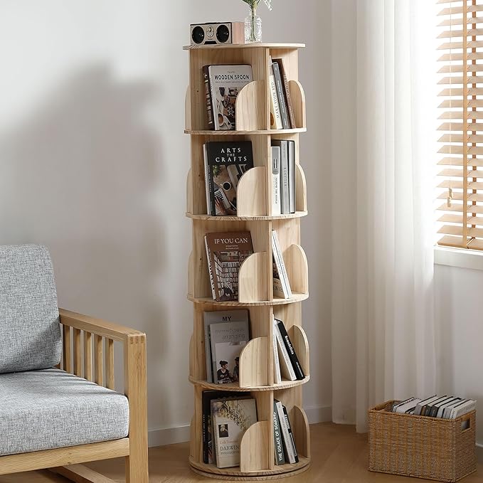 Rotating Bookshelf Tower, 5 Tier 360 Display Spinning Bookshelf, Solid Wood Narrow Book Shelf Organizer for Kid Adult, Corner Floor Standing Bookcase for Bedroom, Living Room, Study Room, Small Space - LeafyLoom