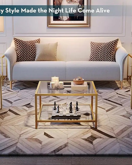 SAYGOER Glass Coffee Table with Storage 2-Tier Square Glass Center Table for Living Room Home Office with Gold Metal Frame Modern Table for Small Spaces - LeafyLoom