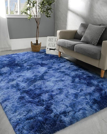 5x8 Large Area Rugs for Living Room, Super Soft Fluffy Modern Bedroom Rug, Tie-Dyed Navy Blue Indoor Shag Fuzzy Carpets for Girls Kids Nursery Room Home Decor - LeafyLoom