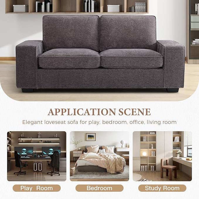 EASELAND 71" Loveseat, Small Chenille Loveseat for Small Spaces, 2-Seater Modern Deep Seat Couch with Removable Back and Cushions, Lounge Sofa for Bedroom with Wood Legs and Fluffy Armrest(Dark Grey) - LeafyLoom