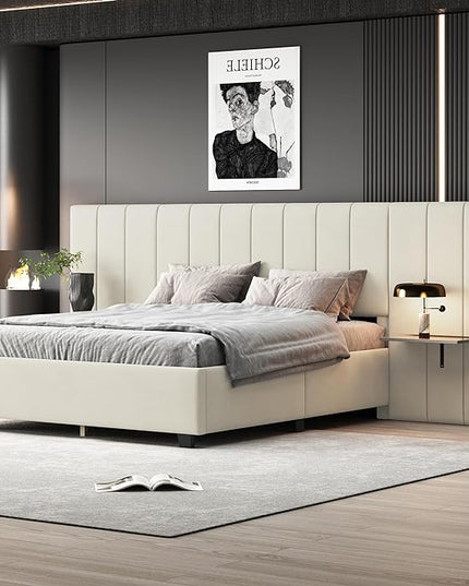 Queen Upholstered Platform Bed Frame with Extended Headboard and and Two Shelves, Velvet Bed, No Box Spring Needed, Beige - LeafyLoom