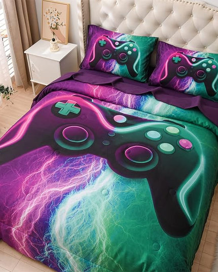 Meeting Story Gamer Gaming Bedding Sets Black Pink Lightnings Gamepad Comforter Set for Boys Games Console Action Buttons Novelty Colorful Modern Room Decor Home Quilt Set (Green-Purple, Twin 5Pcs) - LeafyLoom